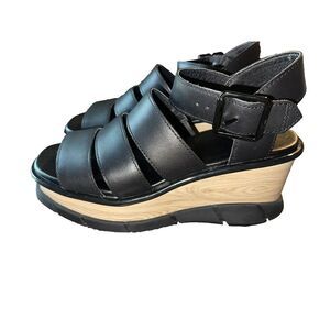 Sorel Black Leather Strappy Wedge Sandals with Wood-Effect Platform